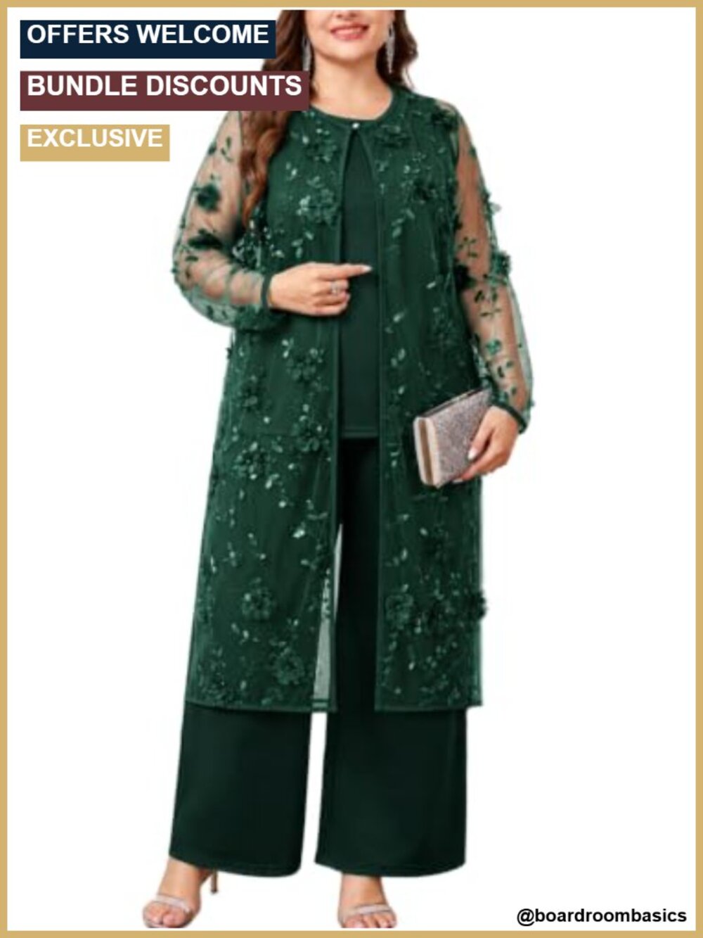 Plus Size 3 Piece Wide Leg Pant Suit Floral Mesh Jacket Wedding Guest
